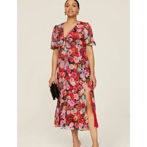 IEENA for Mac Duggal Floral Puff Sleeve Dress Chiffon Red Tie Front Size 10